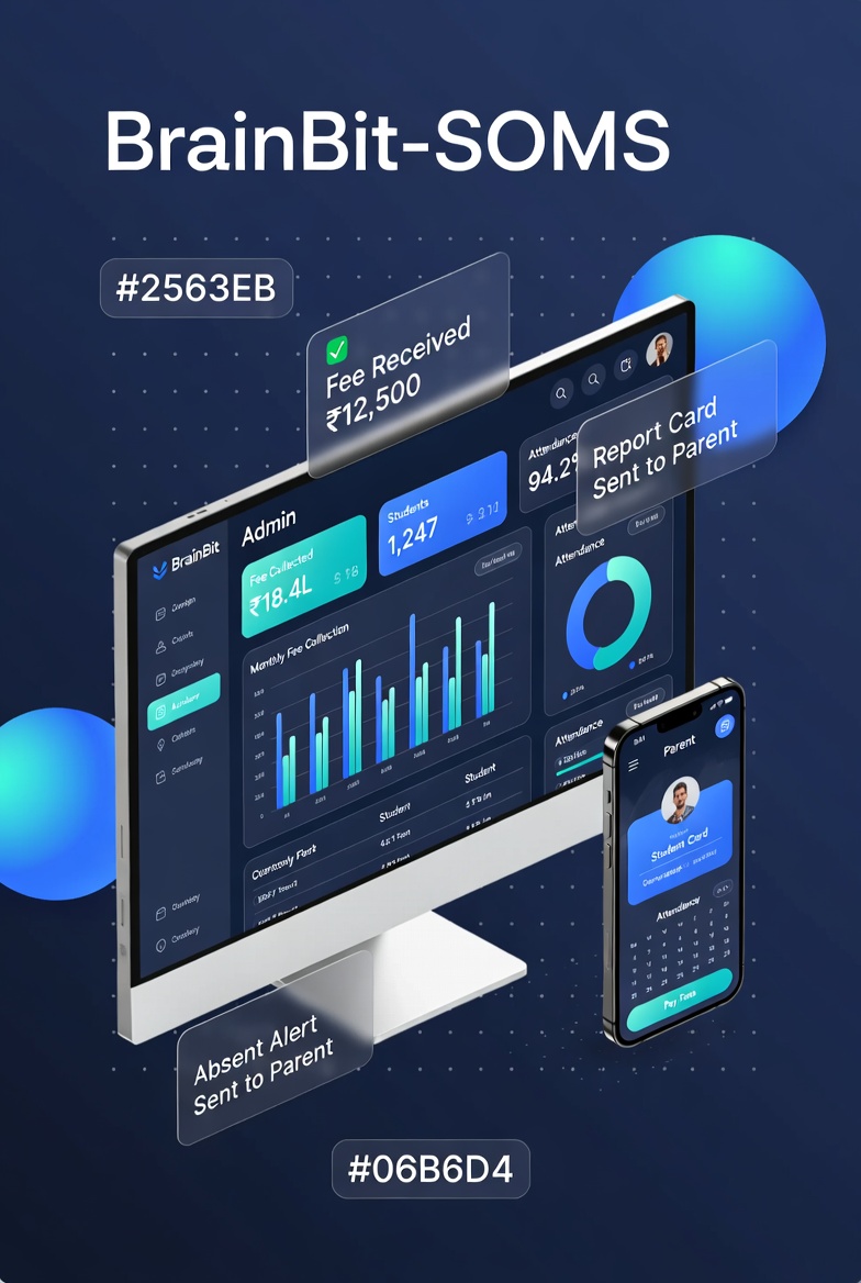 BrainBit-SOMS school management dashboard showing fee collection, attendance, and student management on desktop and mobile